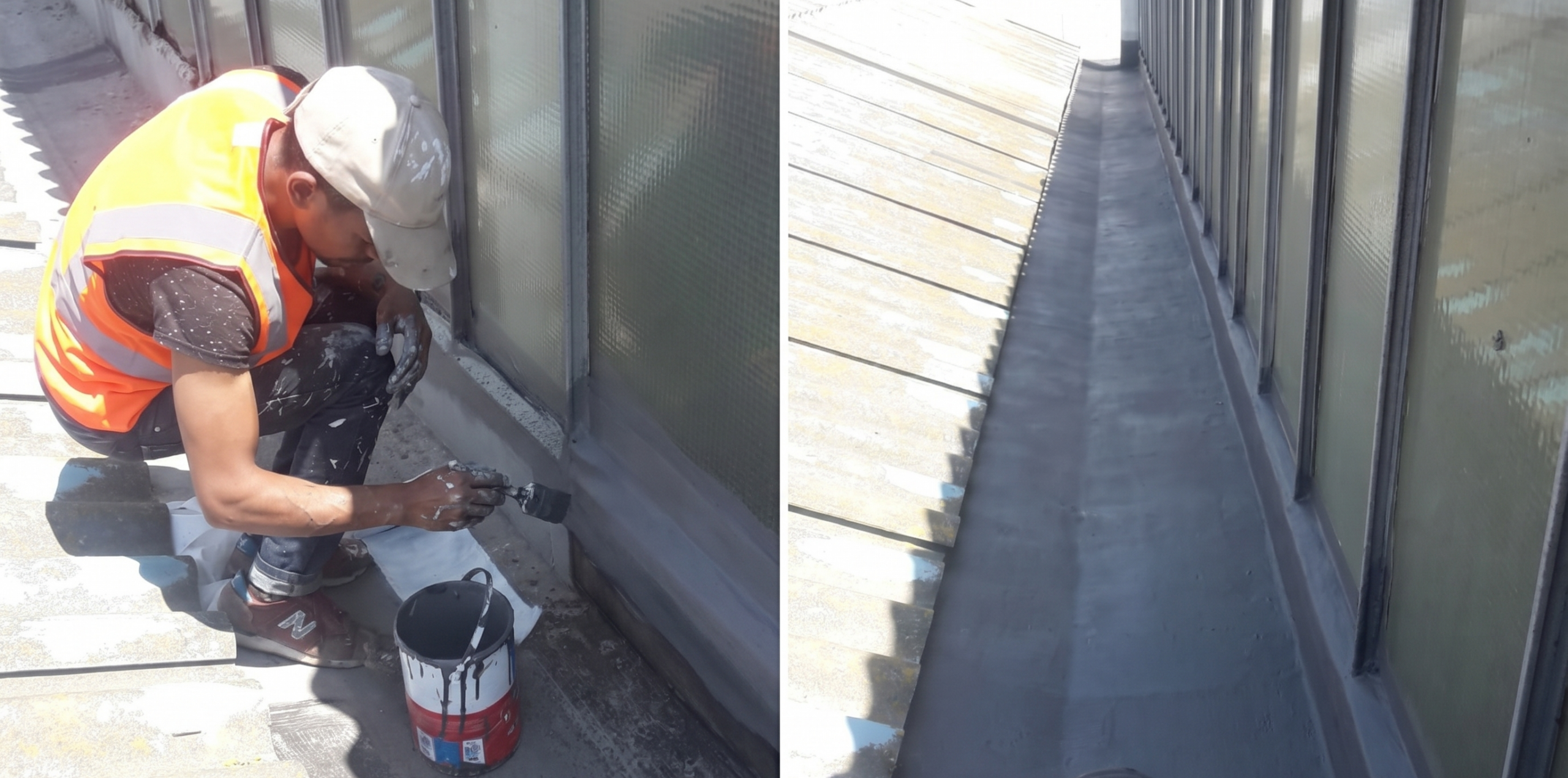 Side-by-side view of a roof waterproofing project. The left side shows a roofing contractor in a high-visibility vest applying a grey liquid sealant to a roof gutter with a brush. The right side shows the completed, smoothly coated, seamless grey gutter between a corrugated roof and glass panels.
