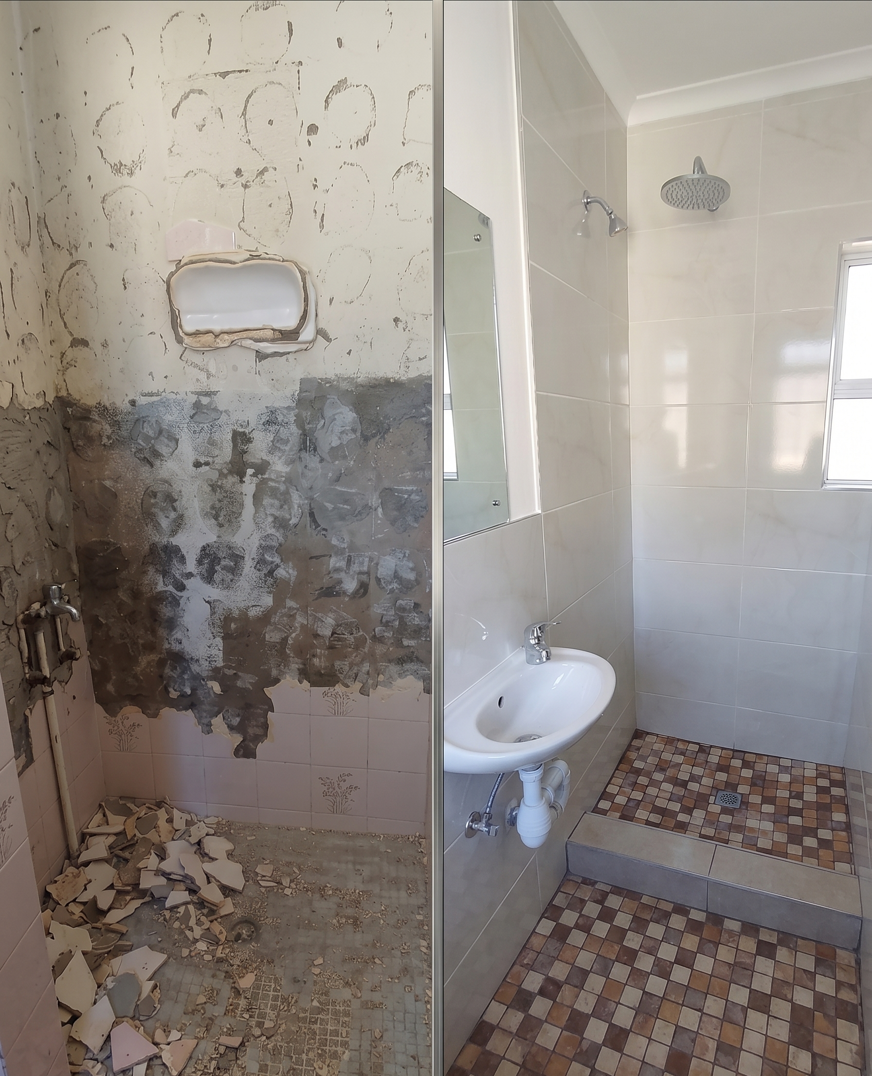 Before and after split view of a bathroom remodel. The left side shows a demolished shower area with stripped walls and tile rubble. The right side shows the completed renovation with modern beige wall tiles, a mosaic-patterned floor, a new chrome showerhead, and a white wall-mounted sink.