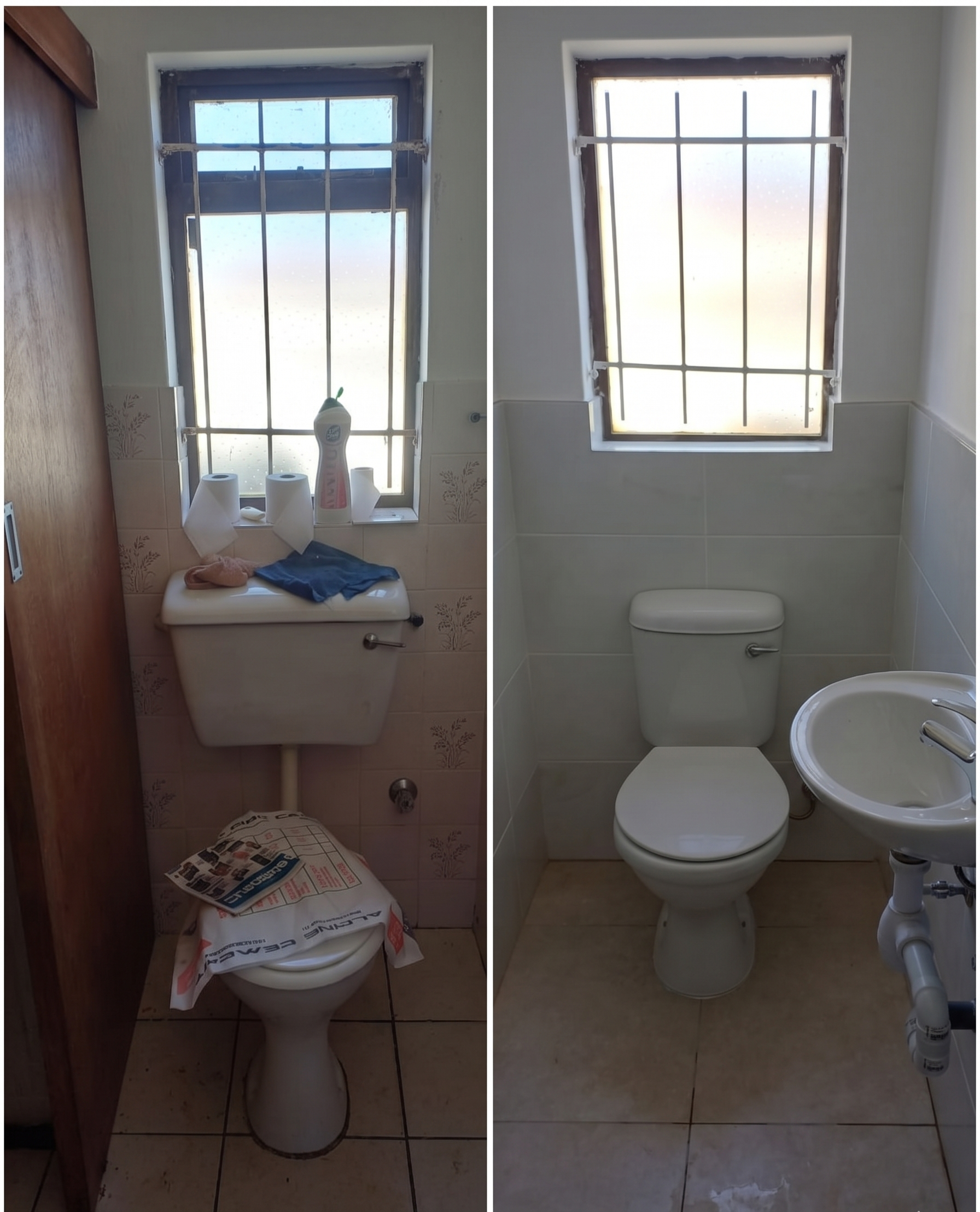 Before and after split view of a small bathroom remodel. The left side shows an outdated toilet, patterned wall tiles, and a cluttered window sill. The right side shows the updated, modern space with a new white toilet, a new ceramic basin, and clean, light-grey large-format wall tiles.